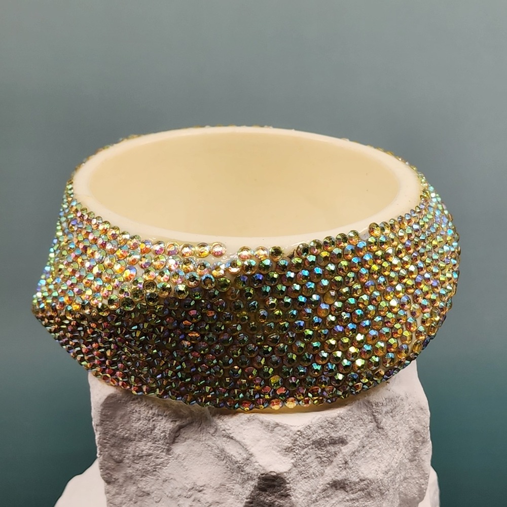 Cream Aurora Borealis Rhinestone Wide Bangle Bracelet Crystal Glam Statement